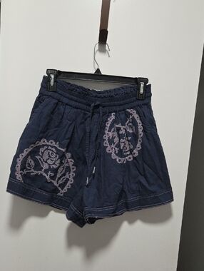 Free People Navy Blue Floral Embroidered High-Waist Shorts